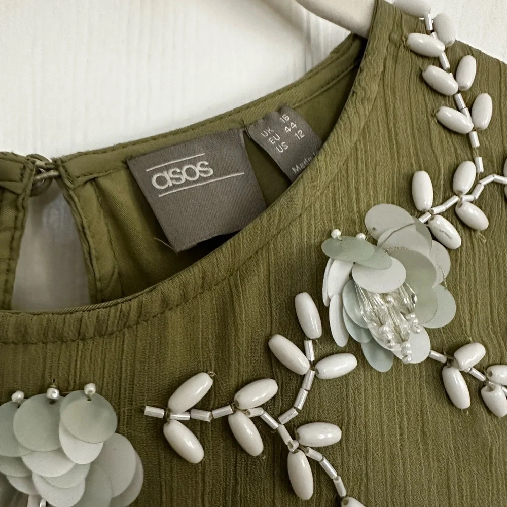 BNWOT Olive Green Dress with Floral Beading - Picture 3 of 7